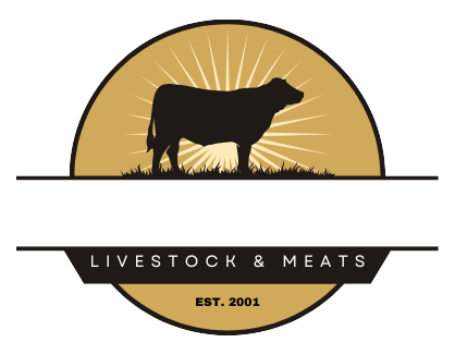 Sarah+Bleazard+-+Lake+Effect+Logo_white Logo of a livestock and meats company established in 2001, featuring a silhouette of a cow against a sunburst background, with grass at the base and the text "LIVESTOCK & MEATS" prominently displayed.